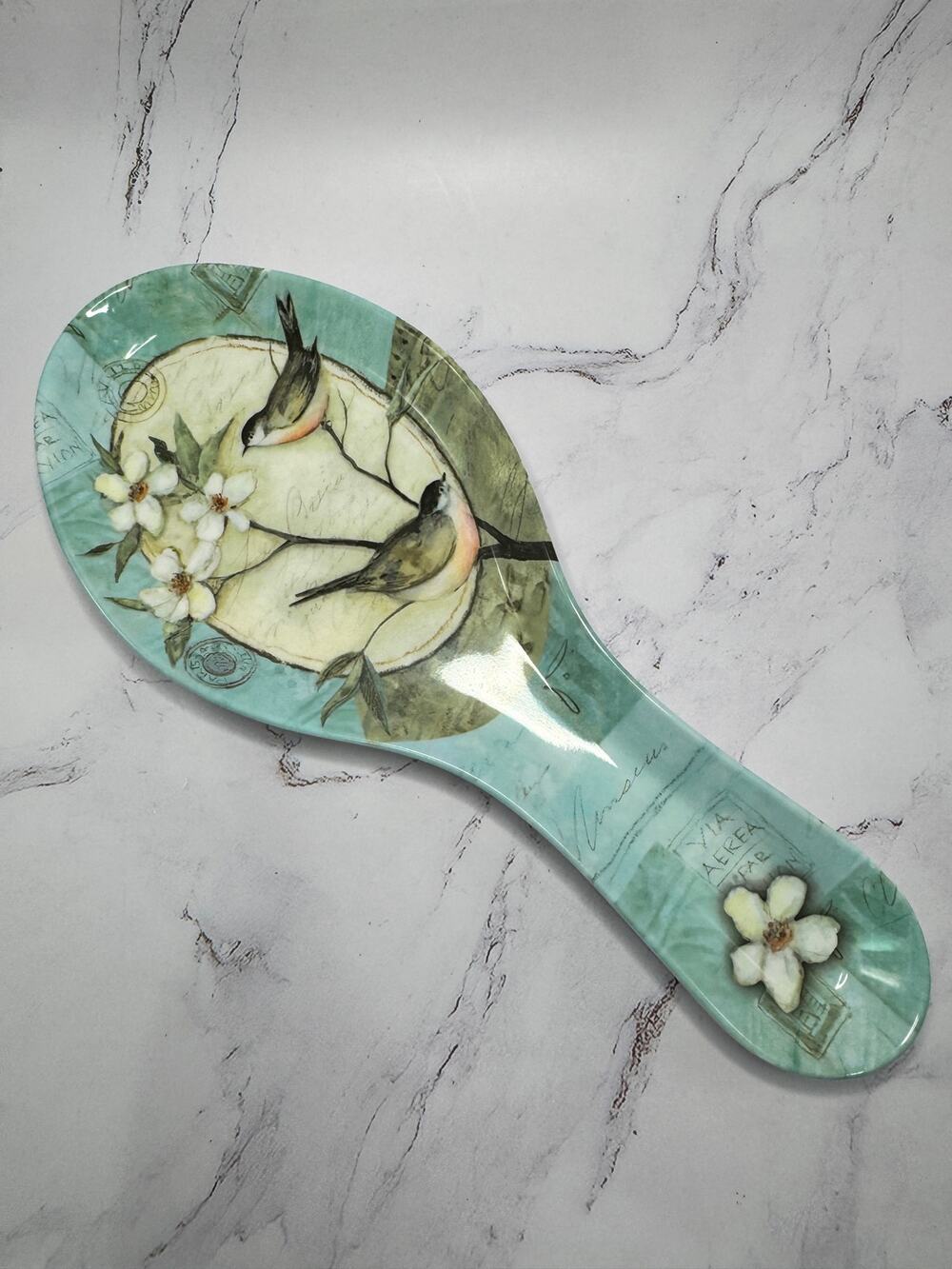Vintage Keller Charles Philadelphia melamine Spoon rest bird and flowers teal